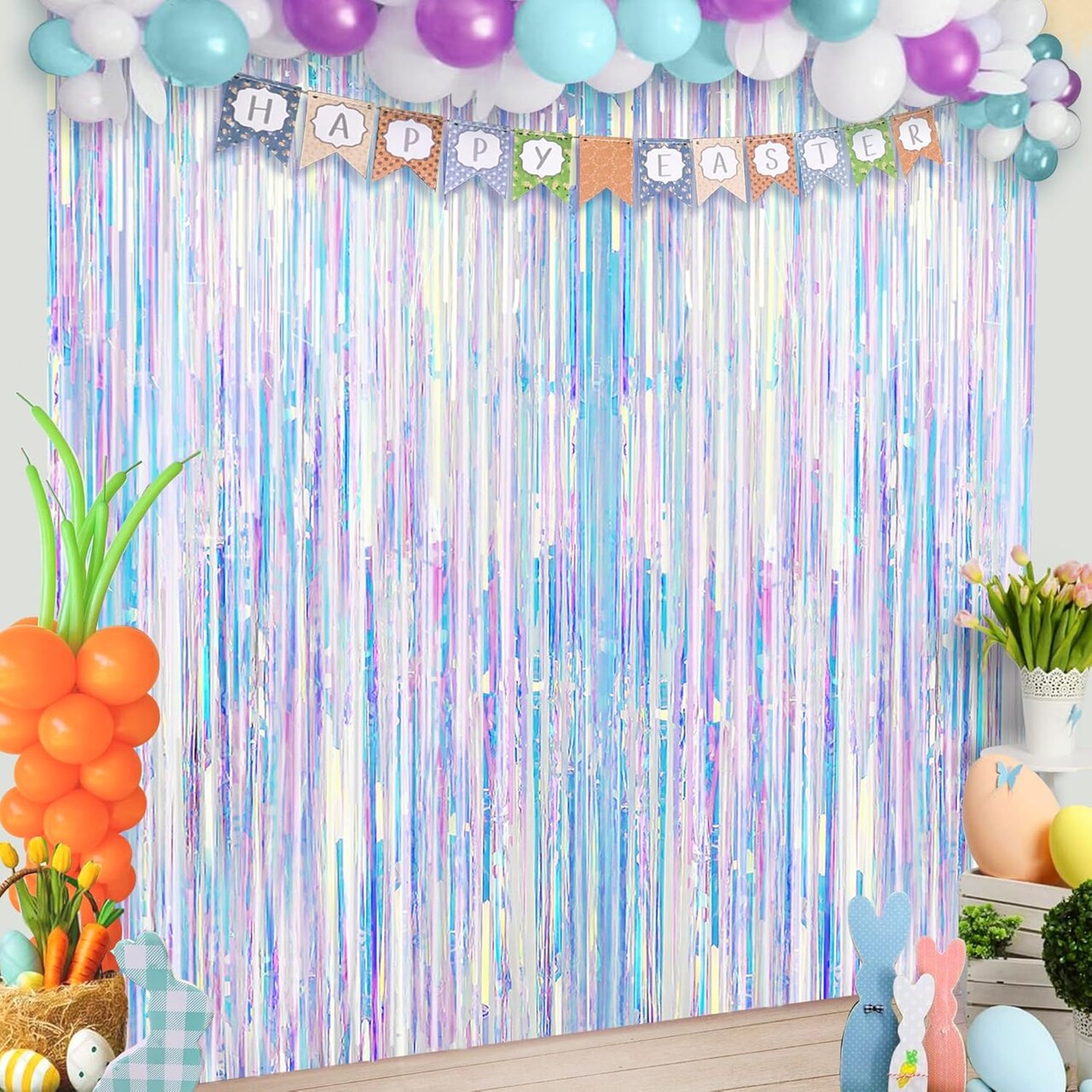 Neon Iridescent Streamers - 2 Large, 3.2x6.5 Feet, Iridescent Party Decorations | Iridescent Fringe Decorations for Home